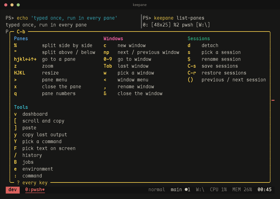 The panel after C-b and a pause: what each key does, by group: panes, windows, sessions, tools