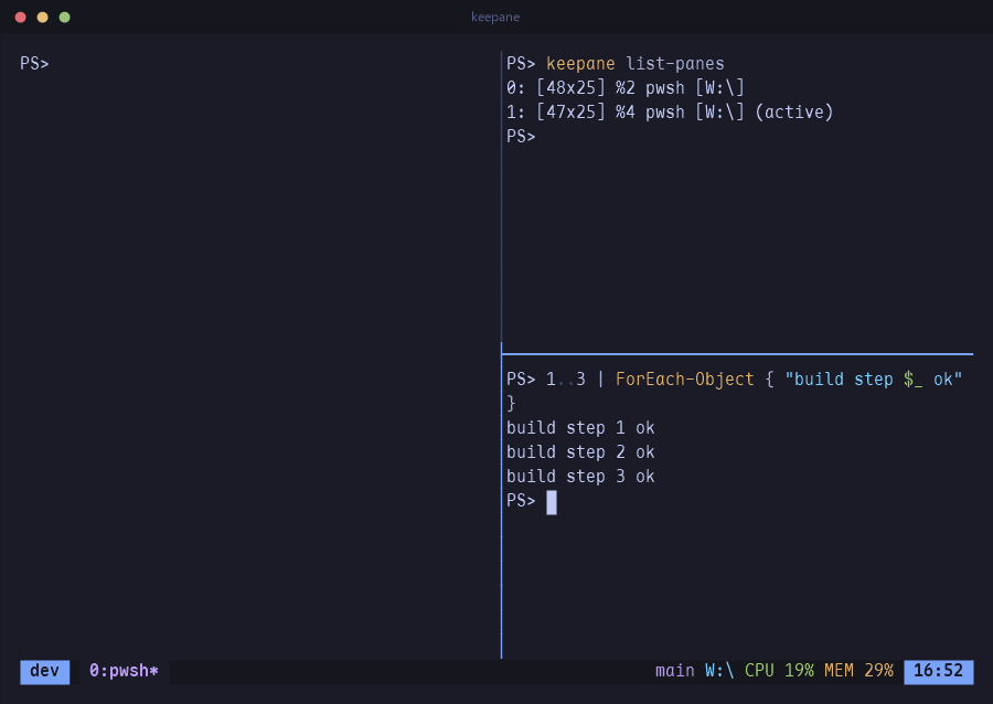Three panes: a shell on the left, keepane list-panes top right, a build loop bottom right