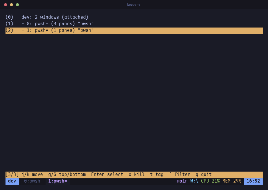 The choose-tree picker listing a session and its windows