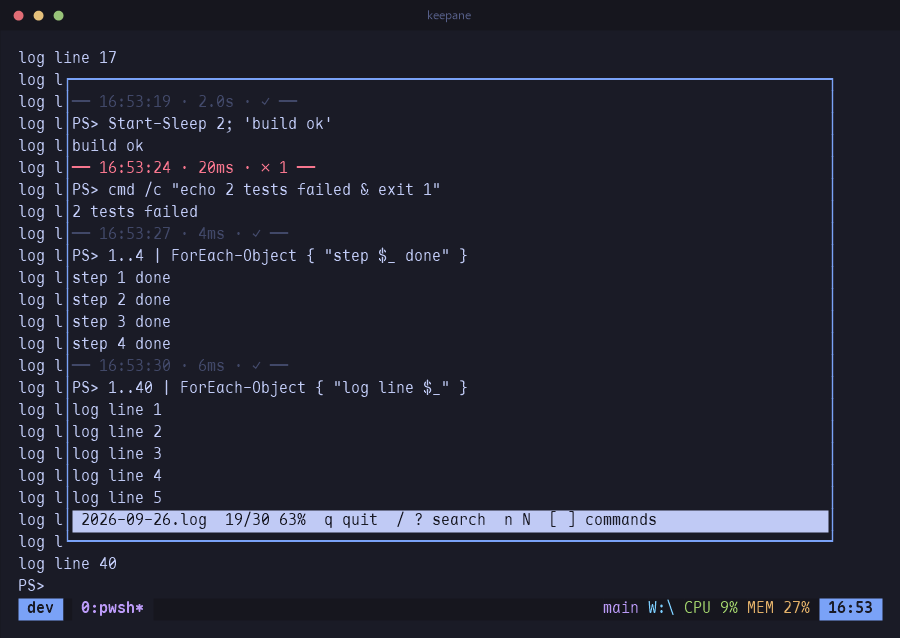 A day of history in the pager popup, each command after a grey line with its time