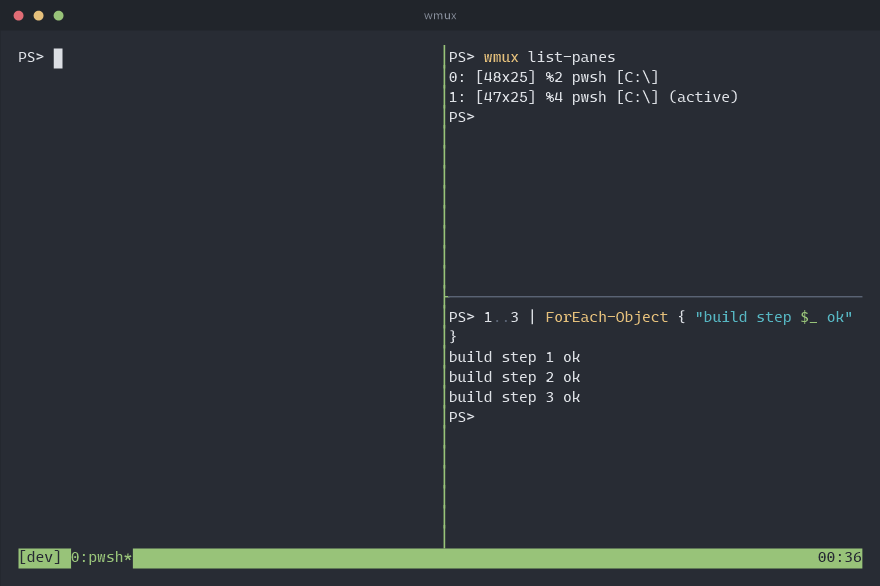 Three panes: a shell on the left, wmux list-panes top right, a build loop bottom right
